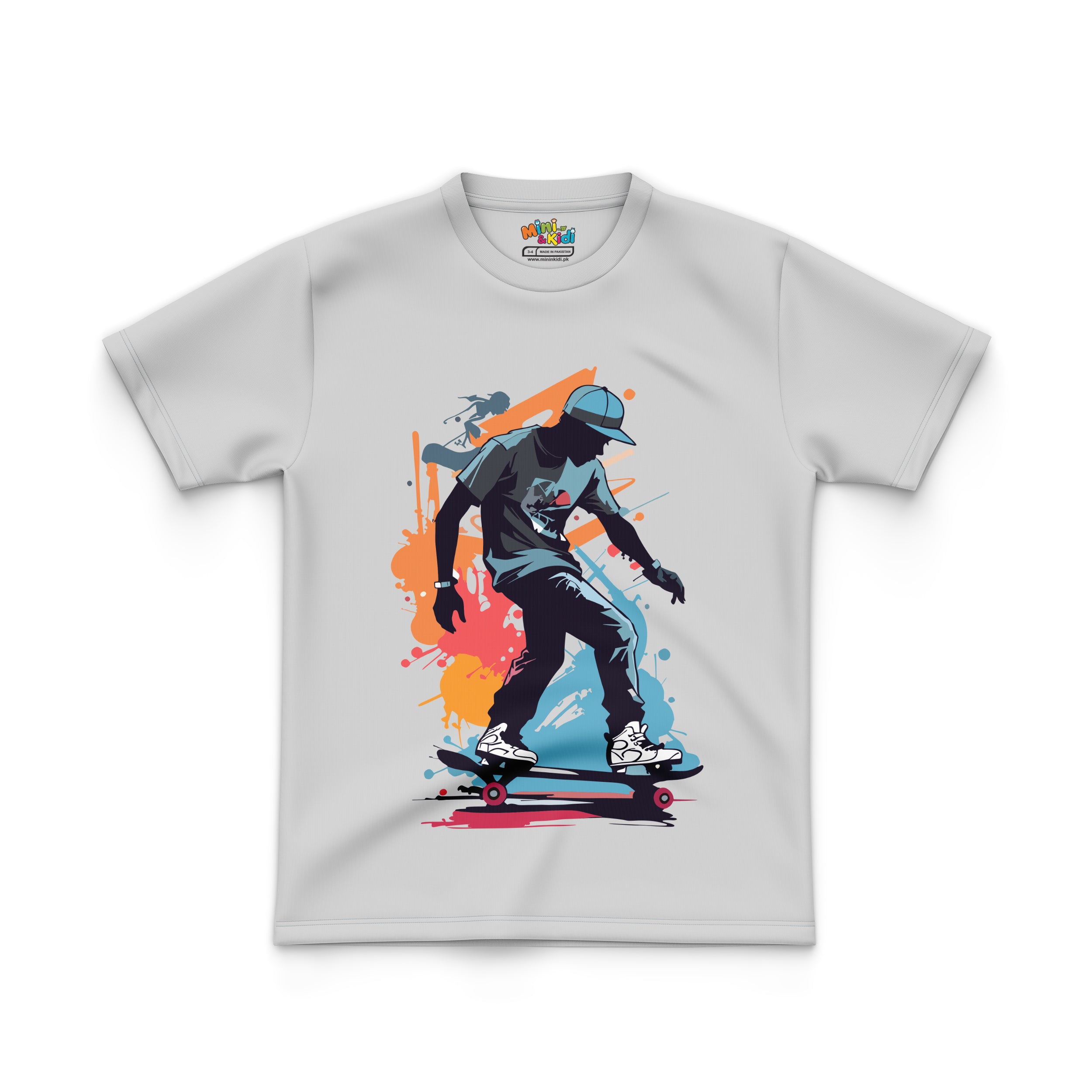 Featuring graphic of a skateboarder on T Shirt