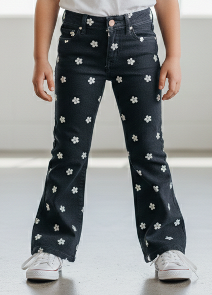 black baby Baggy Fit Elastic Waist Embroidery Detailed  Girl Jean