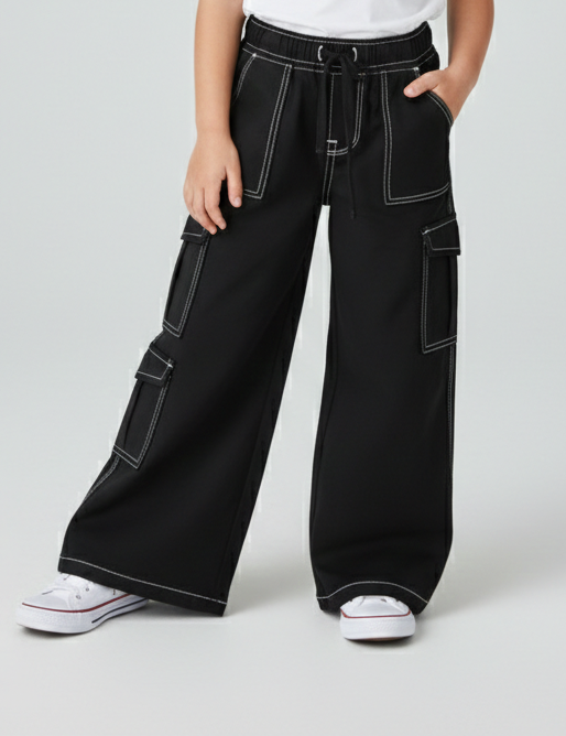 Black Reverse Stitch Detailed Cargo Denim Jeans