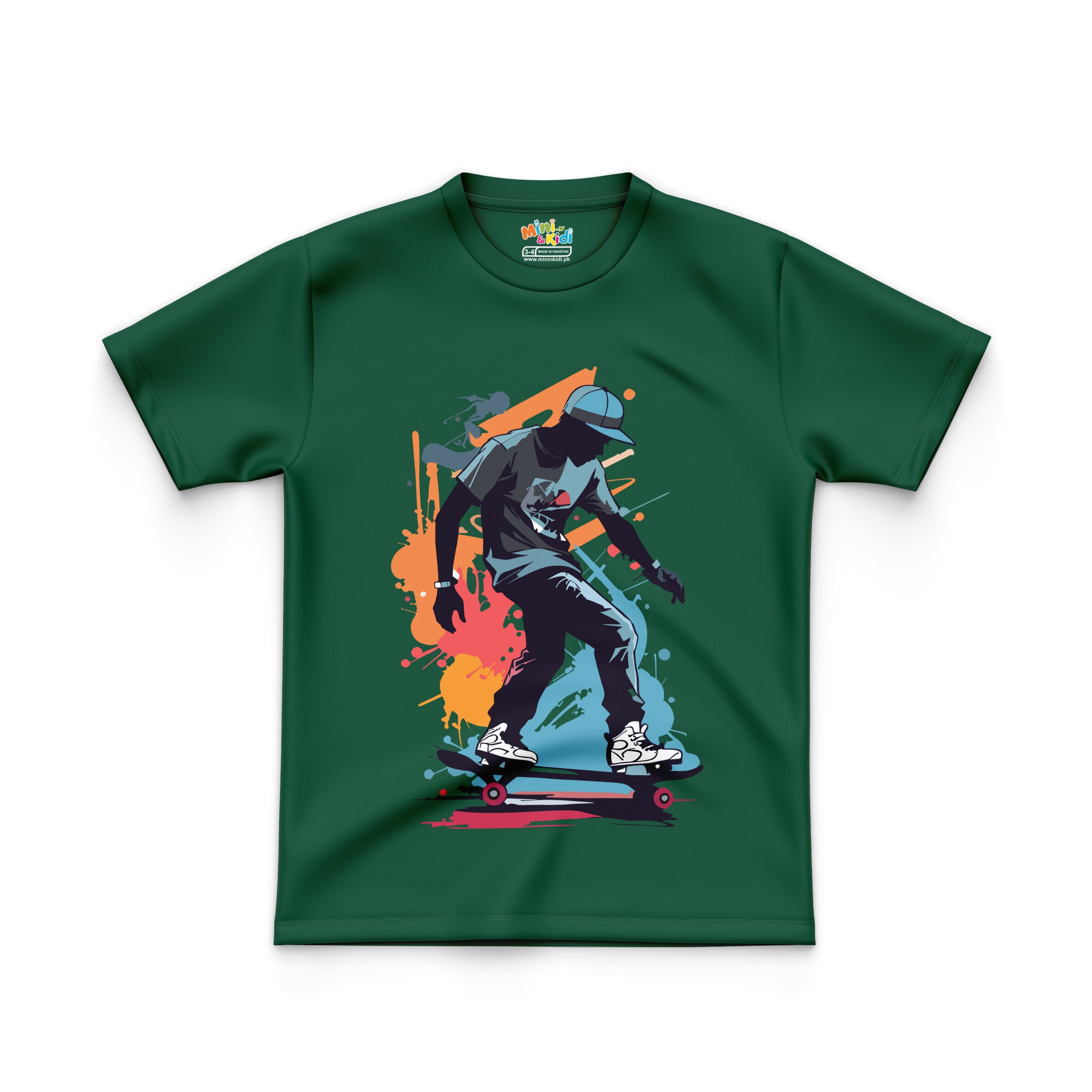 Featuring graphic of a skateboarder on T Shirt