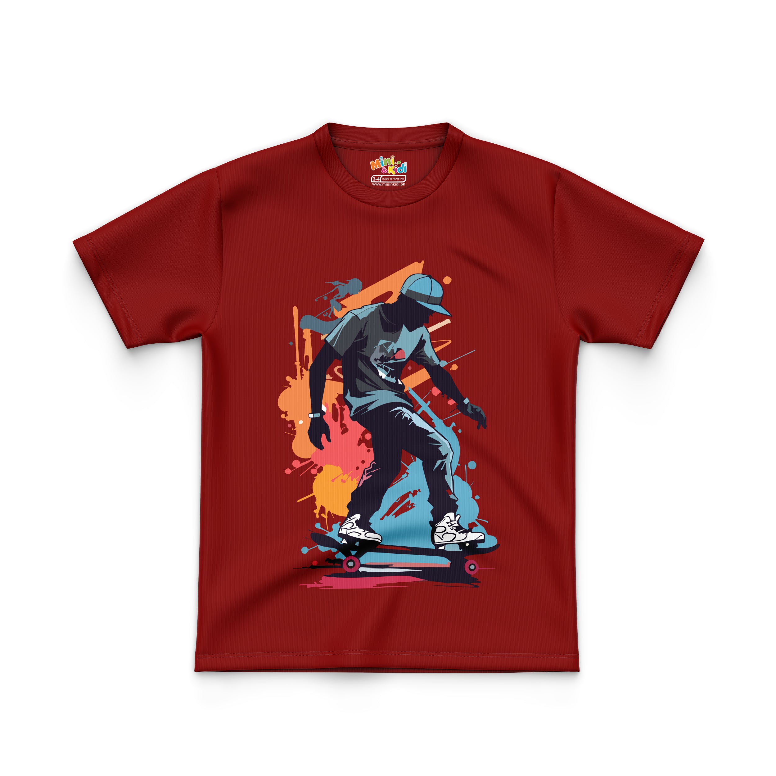 Featuring graphic of a skateboarder on T Shirt