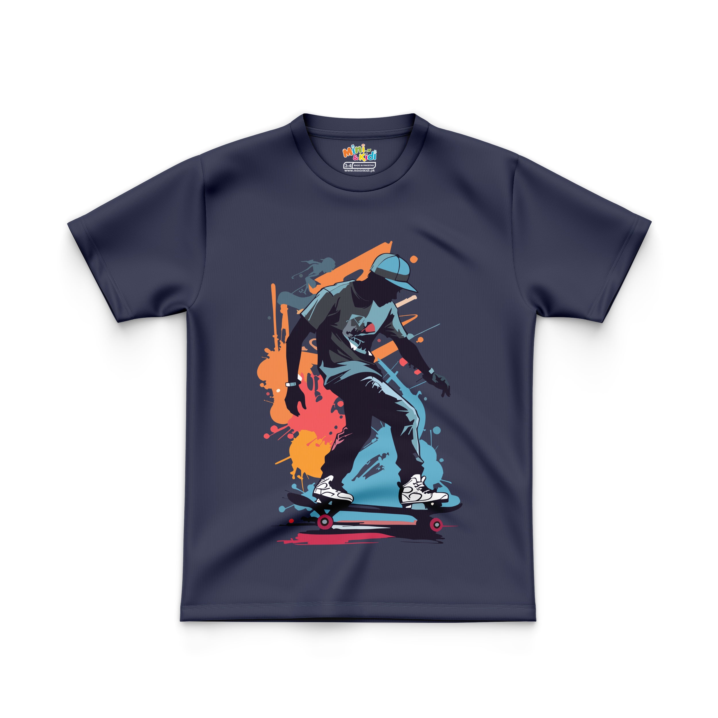 Featuring graphic of a skateboarder on T Shirt