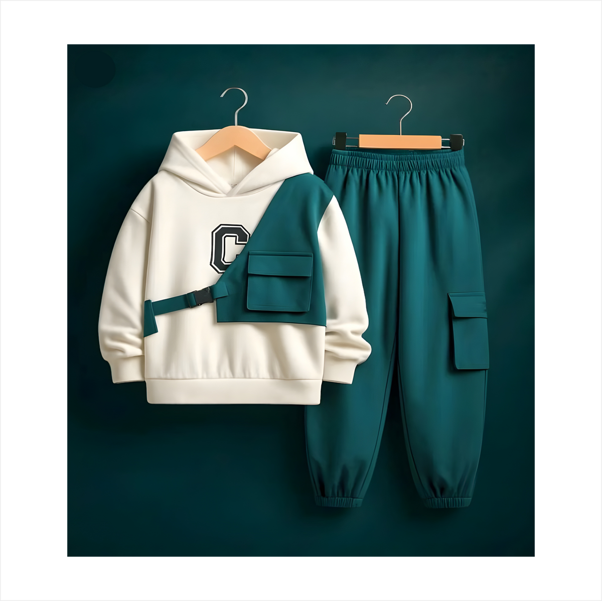 Kids Fleece Hoodie & Cargo Trouser Set–sea-Green Winter Outfit  Hoodie