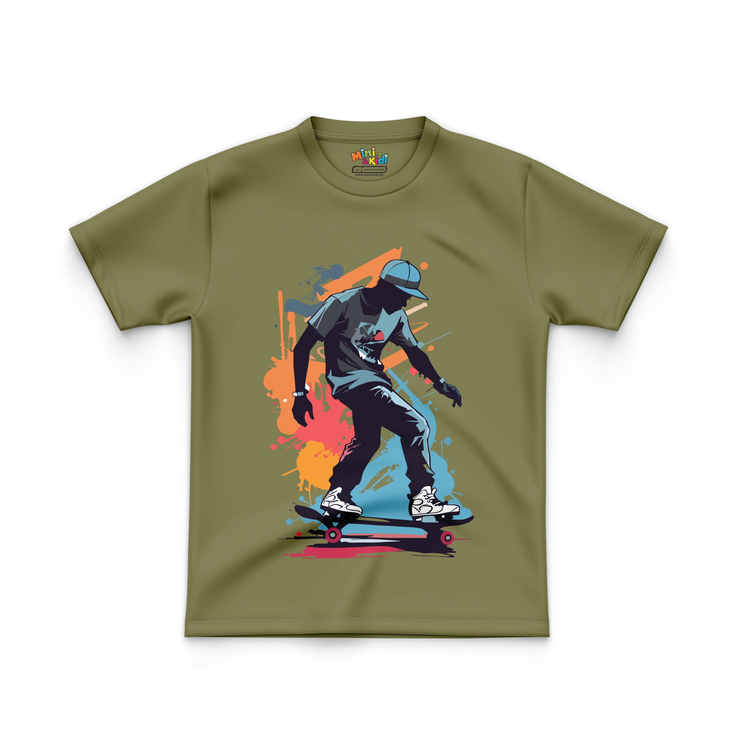 Featuring graphic of a skateboarder on T Shirt