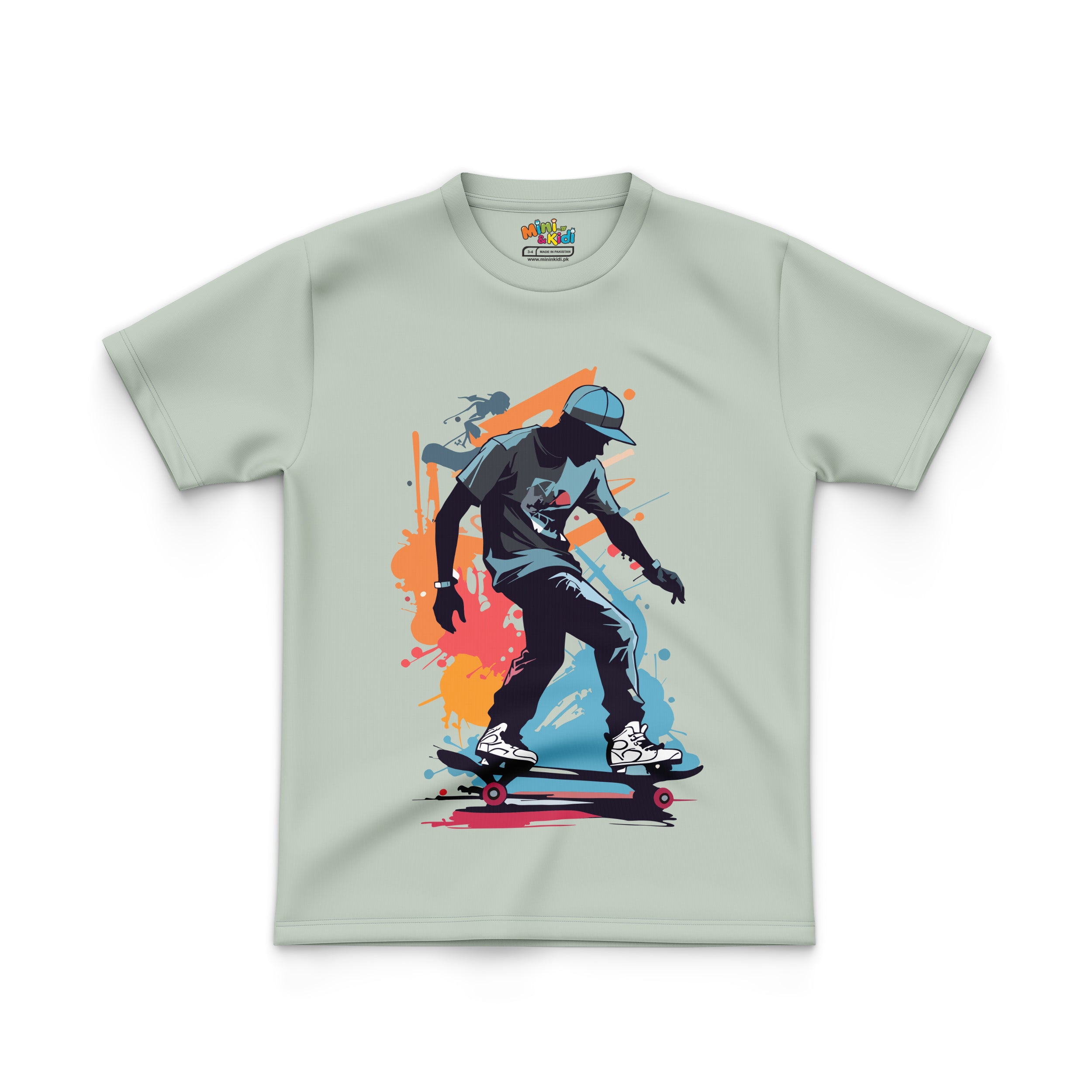 Featuring graphic of a skateboarder on T Shirt
