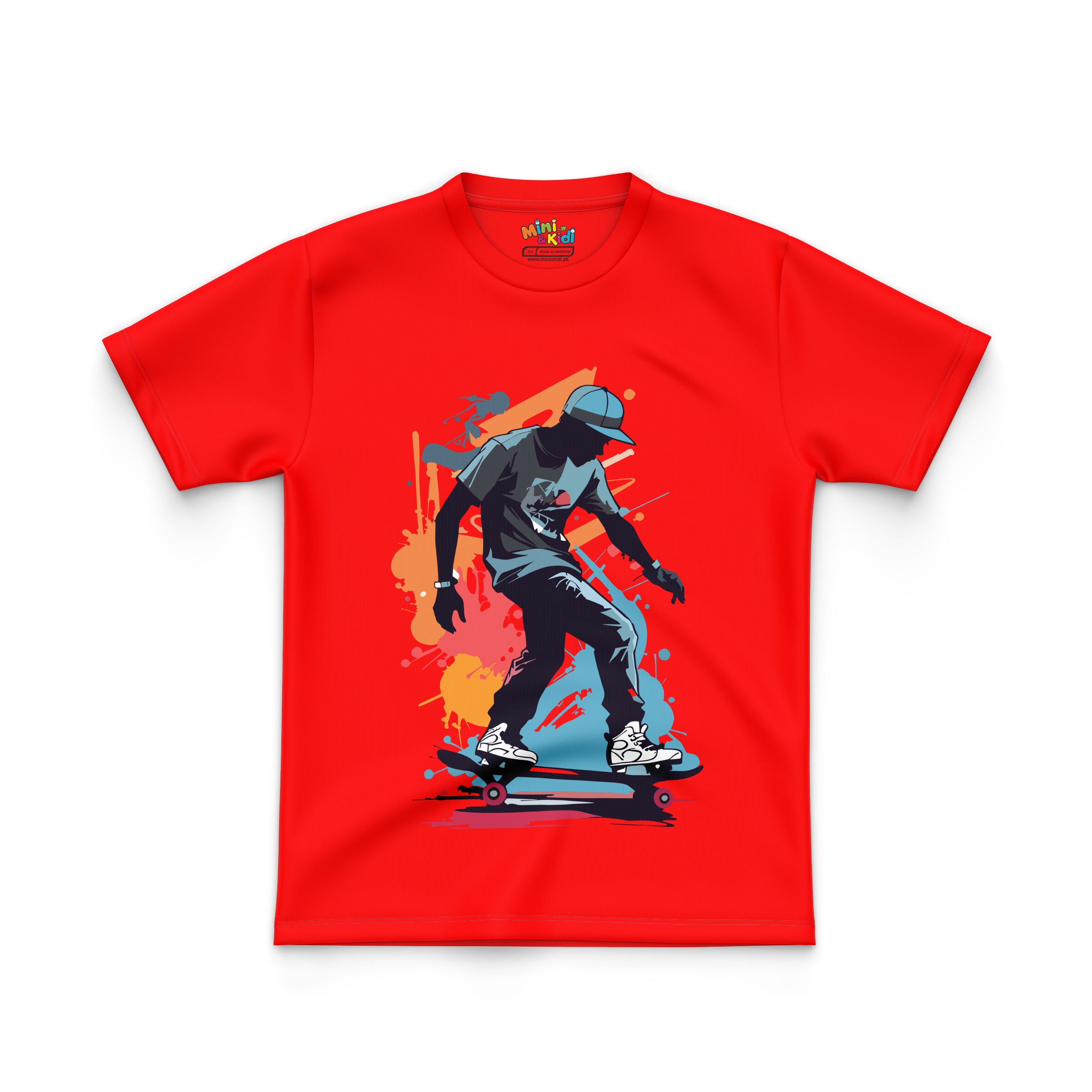 Featuring graphic of a skateboarder on T Shirt