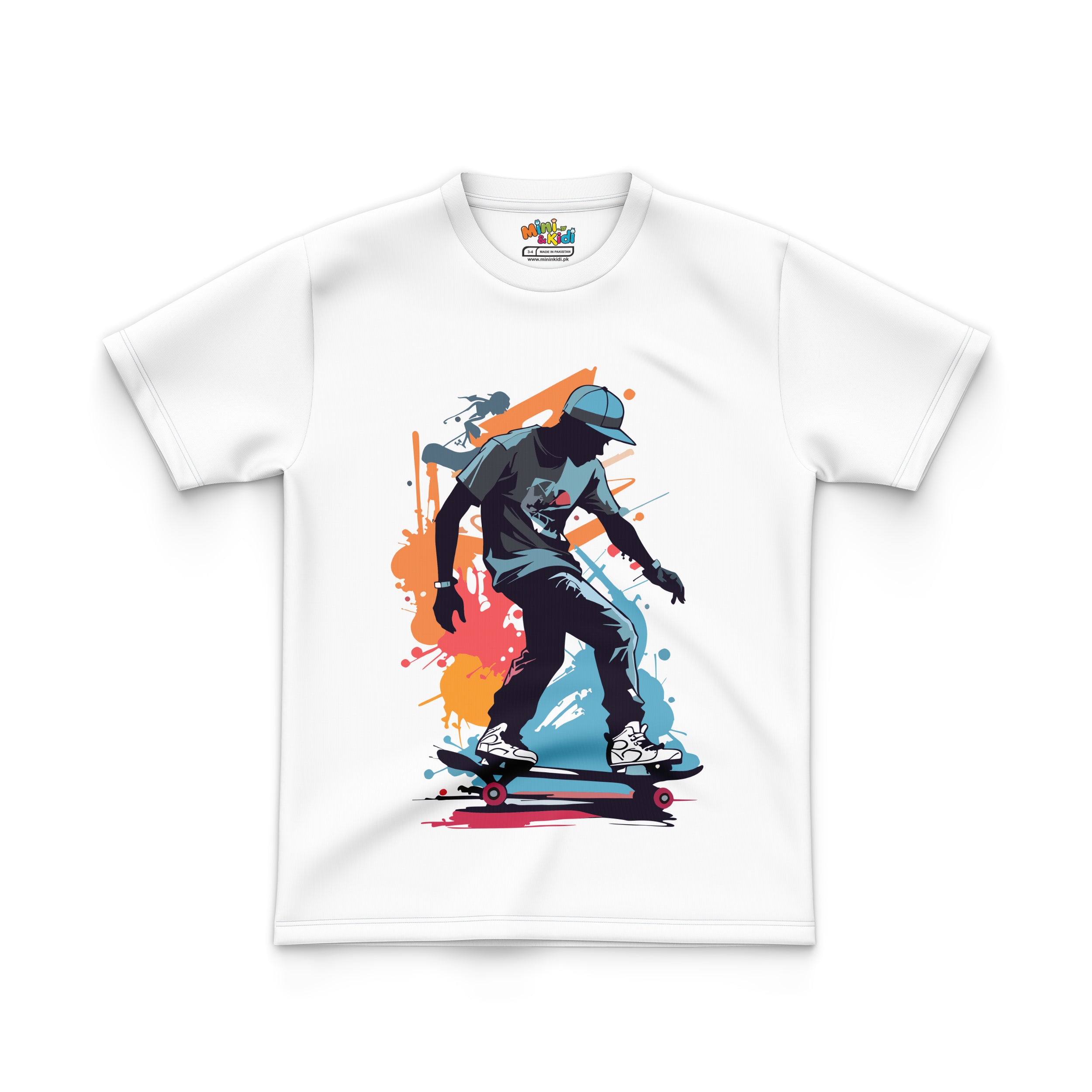 Featuring graphic of a skateboarder on T Shirt